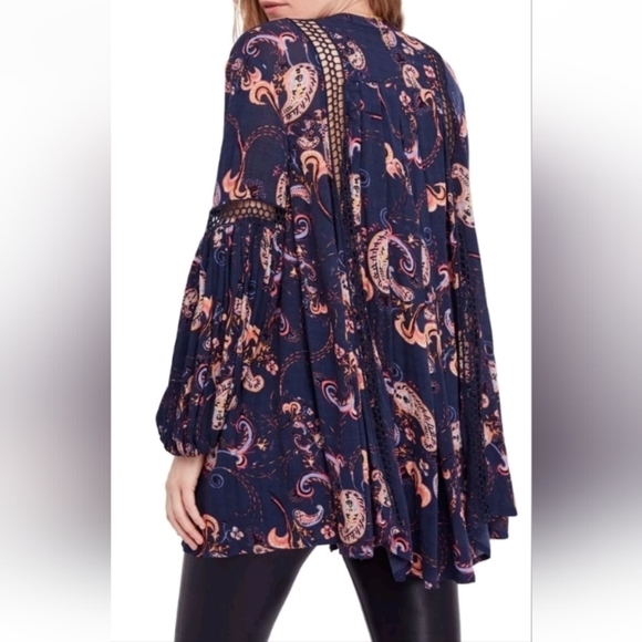 Free People Just The Two Of Us Floral Lace  Tunic Top Blue Sz Xs - Picture 1 of 8